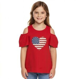Girls It's Our Time Patriotic Red Sequin Heart USA Cold Shoulder Top Girls LG 14